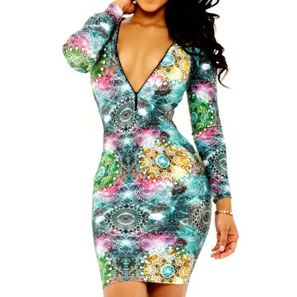 Sexy Round Neck Long Sleeve Printed Zippered Dress