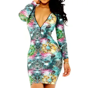 Sexy Round Neck Long Sleeve Printed Zippered Dress