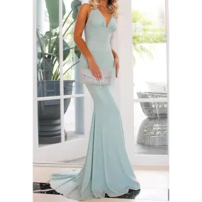 V-Neck Halter Backless Satin Mermaid Long Prom Evening Gown