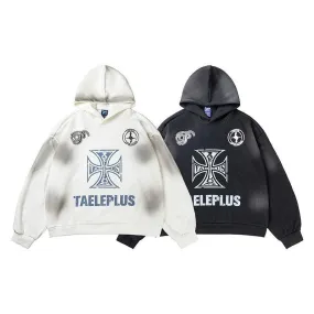 Vintage Cross Letter Printed Distressed Hooded Sweater - Men's Pullover Hoodie