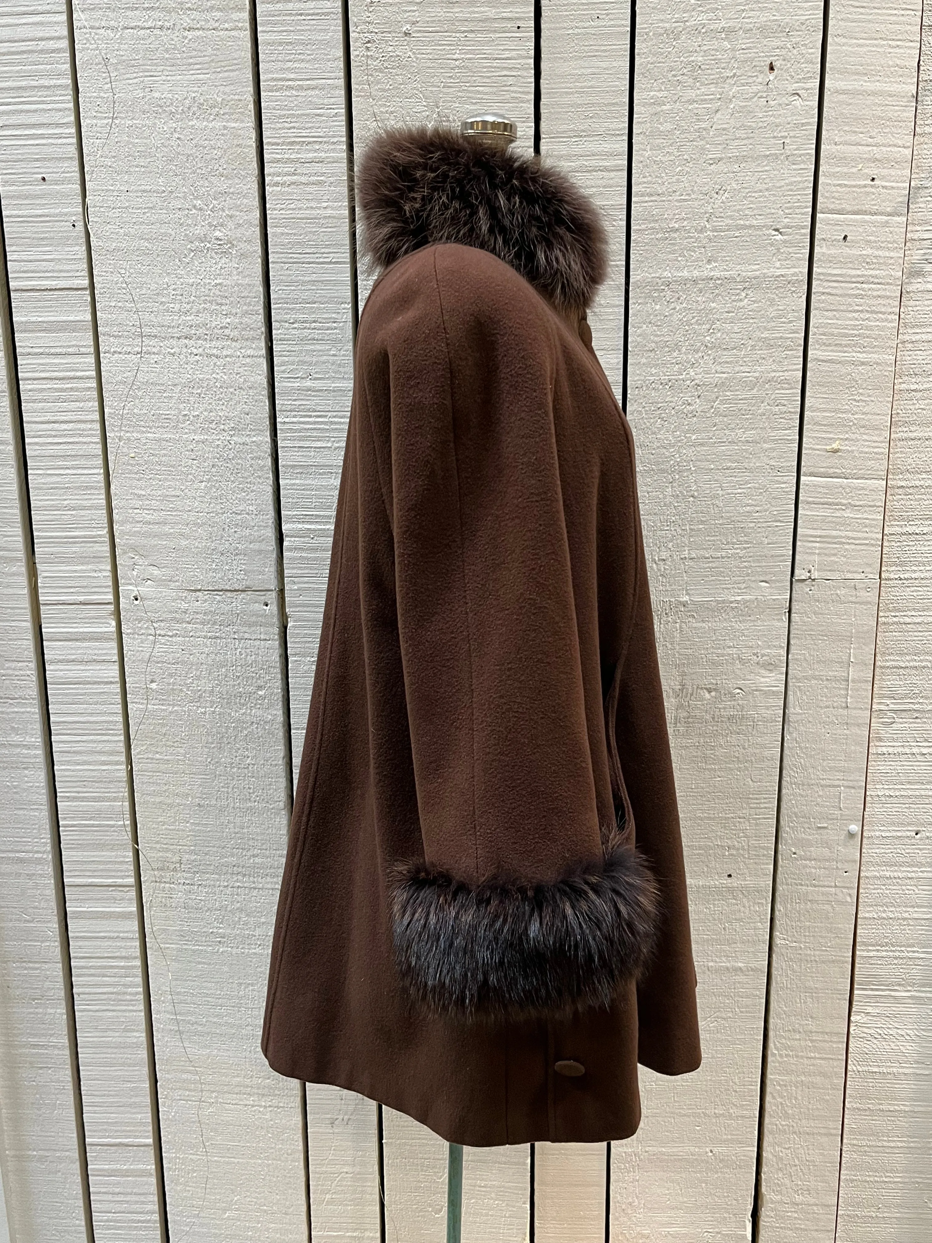 Vintage Rontex International for Eaton Brown Wool Swing Coat with Raccoon Fur Trim, Made in Canada, Chest 50”