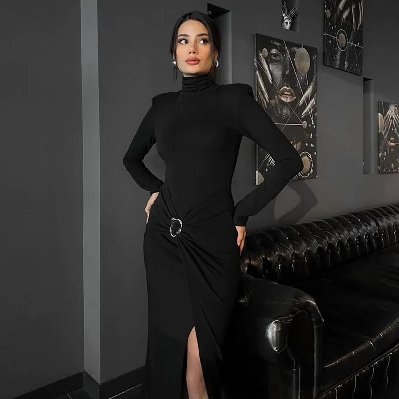 Women High Neck Long Sleeve High Split Formal Dress