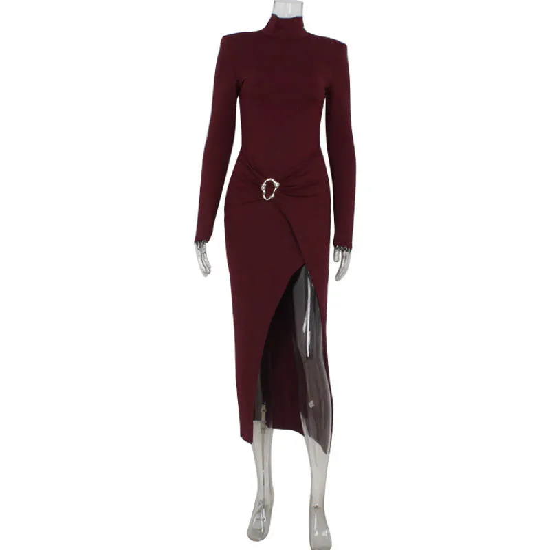 Women High Neck Long Sleeve High Split Formal Dress