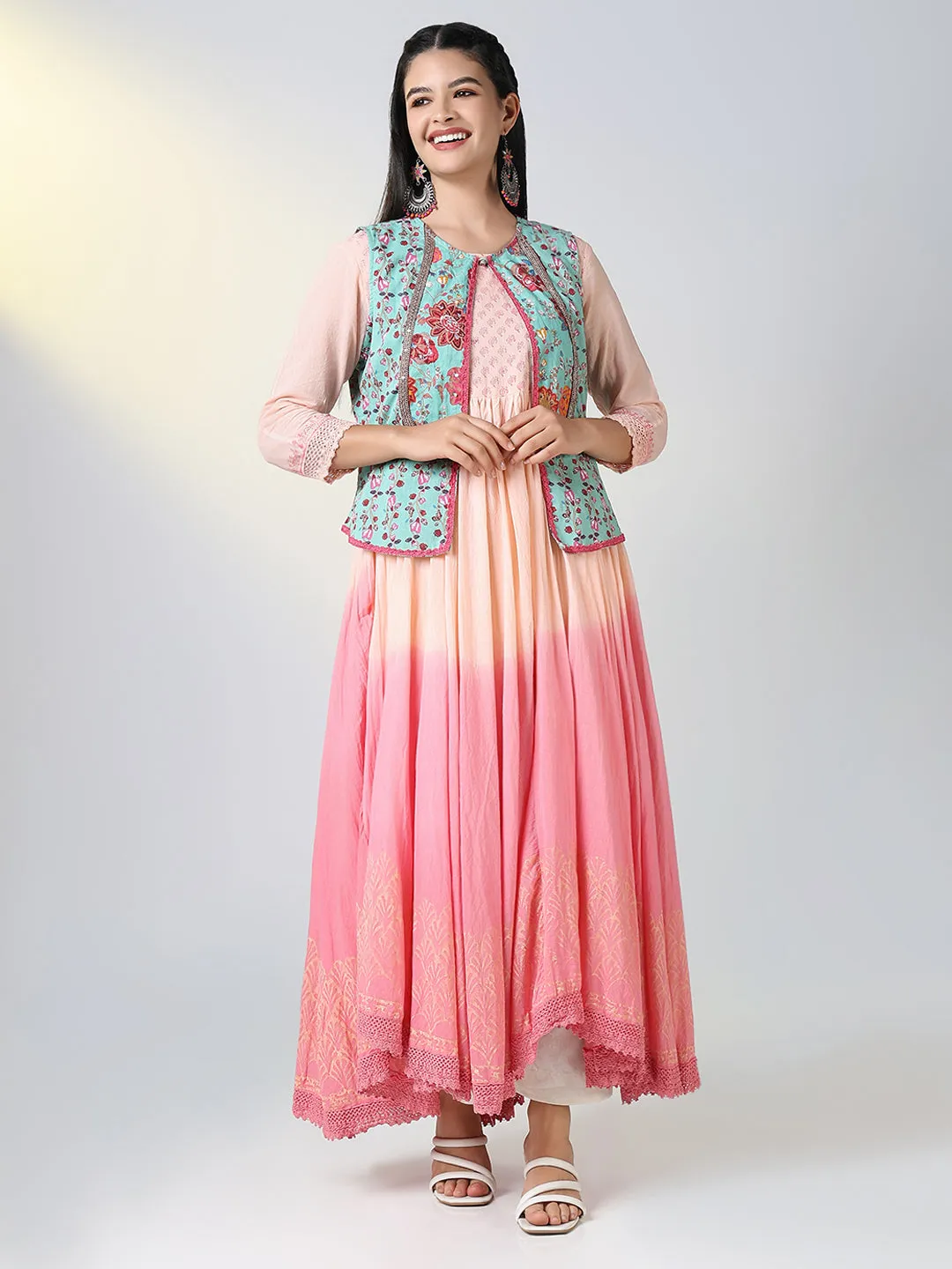Women Peach Ethnic Motifs Anarkali Kurta with Overcoat