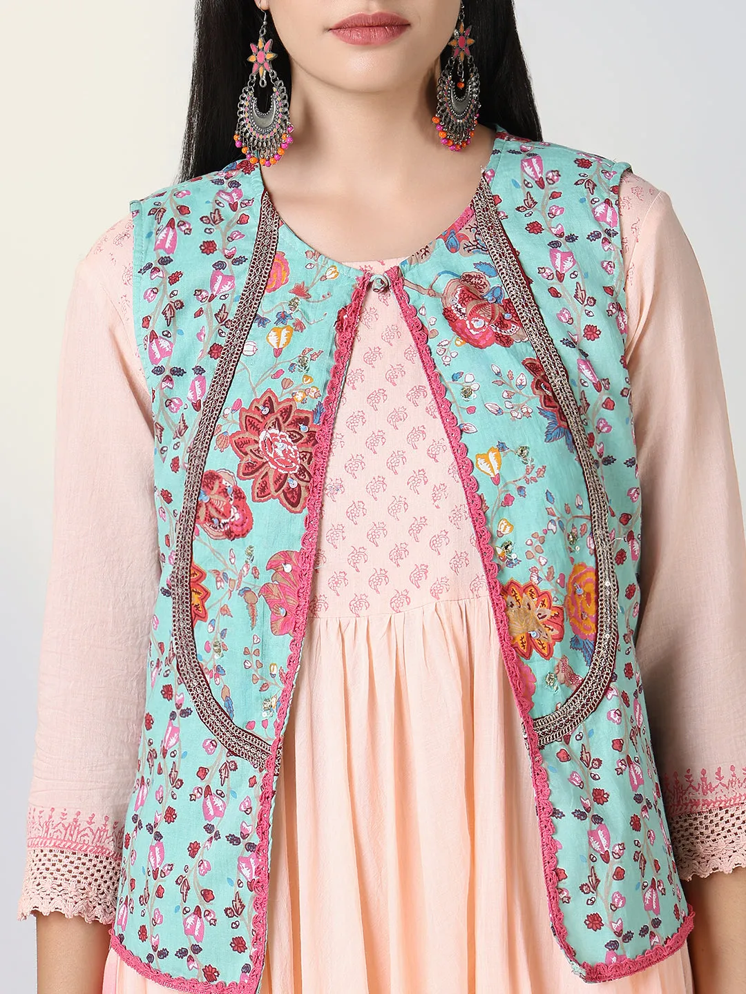 Women Peach Ethnic Motifs Anarkali Kurta with Overcoat