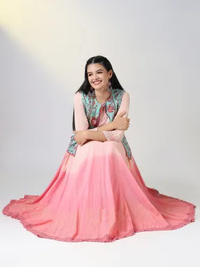 Women Peach Ethnic Motifs Anarkali Kurta with Overcoat