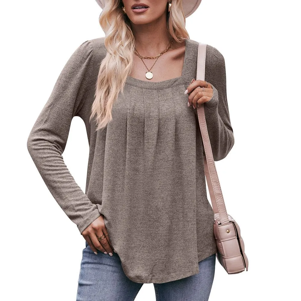 Women's Puff Sleeve Square Collar Pleated Long Blouses