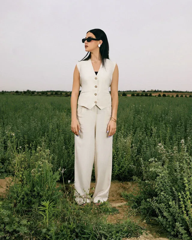 Women's Pure Linen Blazer Vest Set - Pink Beige, Elegant Two-Piece Outfit, Made in Egypt
