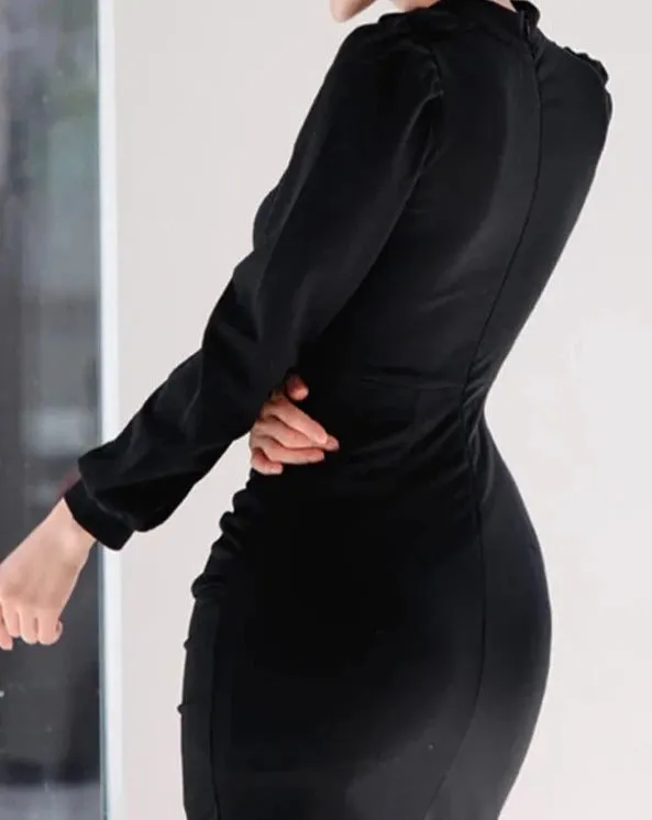 XAVIÉRE Tie Neck Bodycon Long Sleeve Mini Dress
