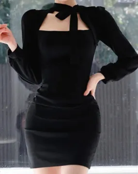 XAVIÉRE Tie Neck Bodycon Long Sleeve Mini Dress